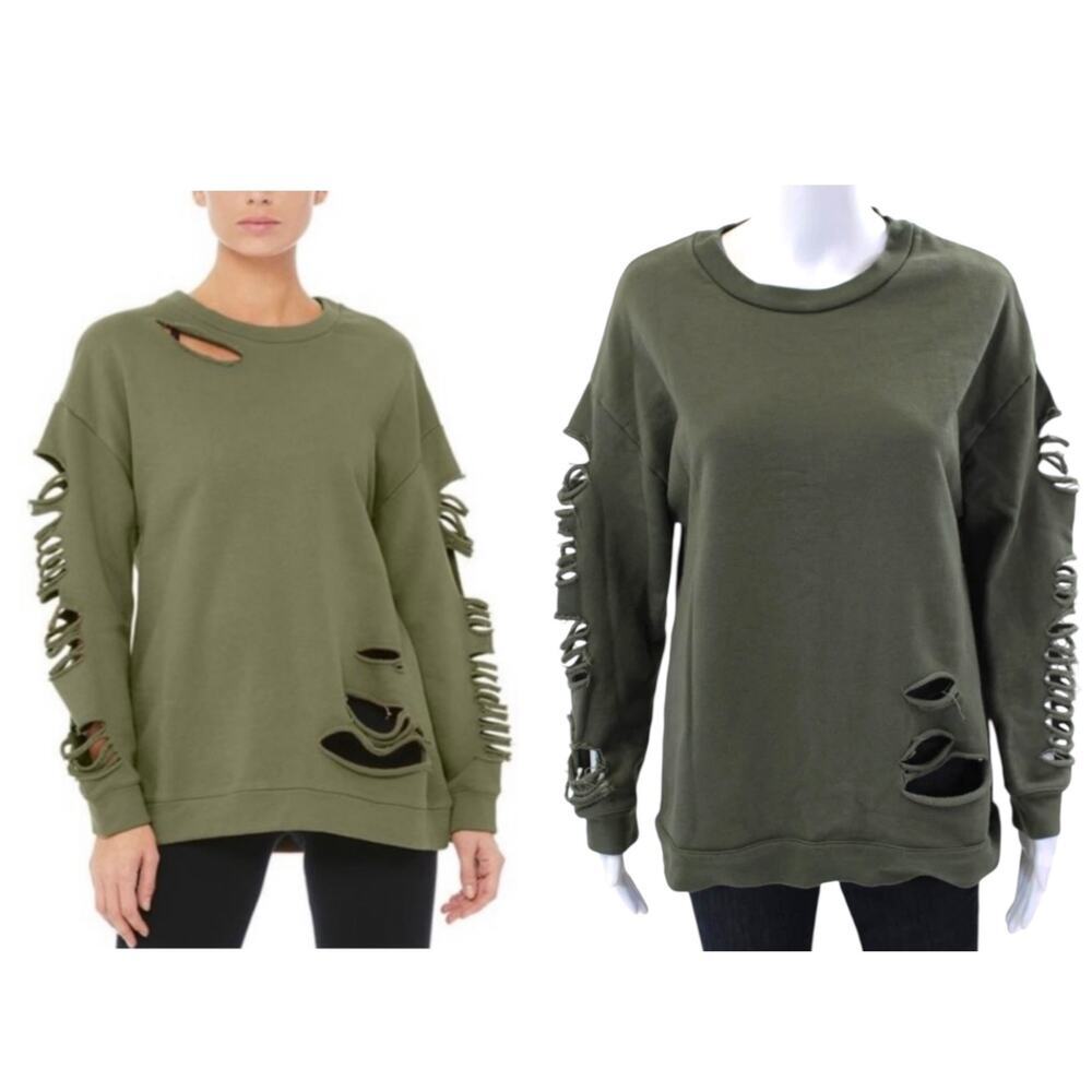 Alo Yoga Women’s Distressed/Ripped Crewneck Sweatshirt Jungle Green Size Small